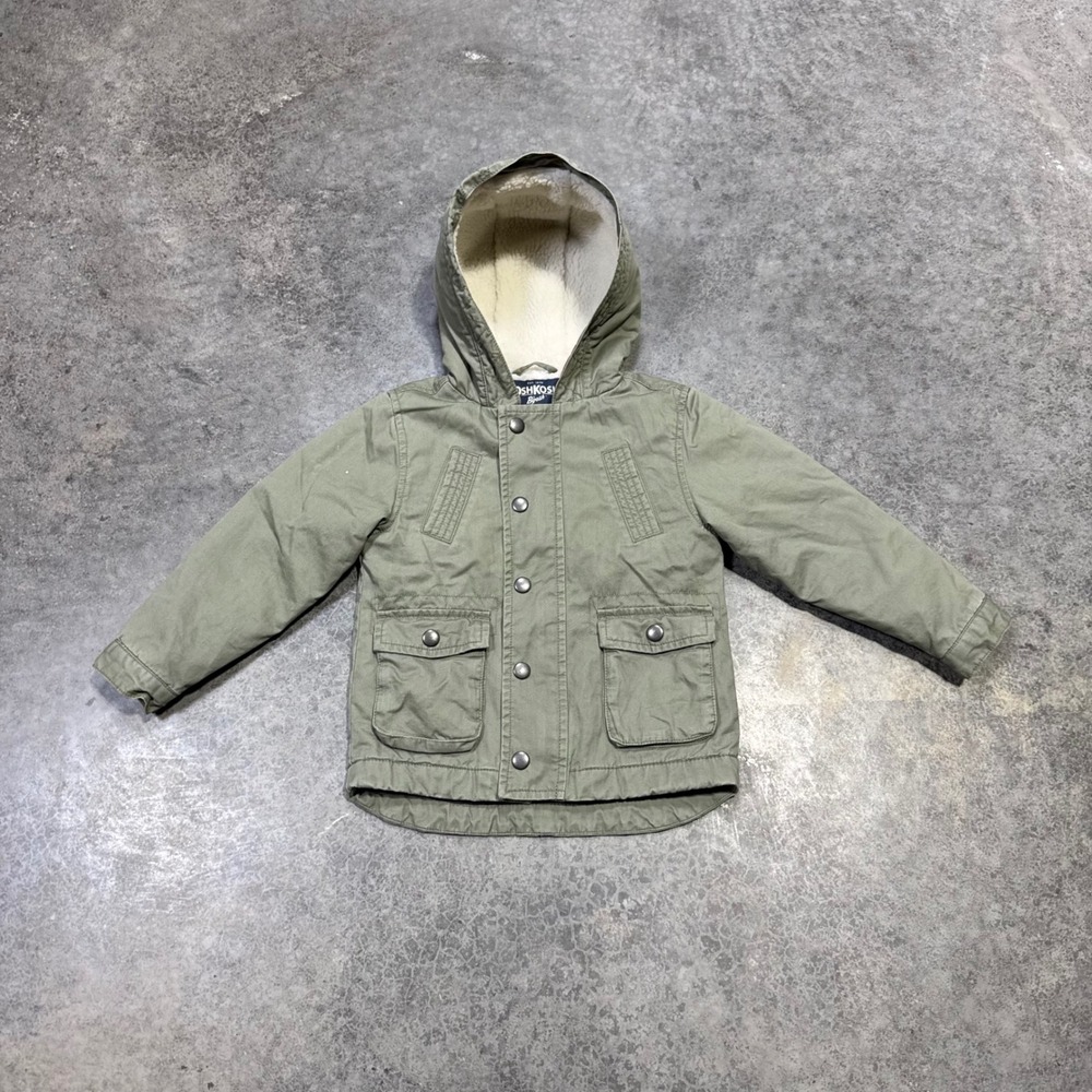 OshKosh B'gosh Jacket Kids 2T Green Field Coat Sherpa Lined Hooded Utility